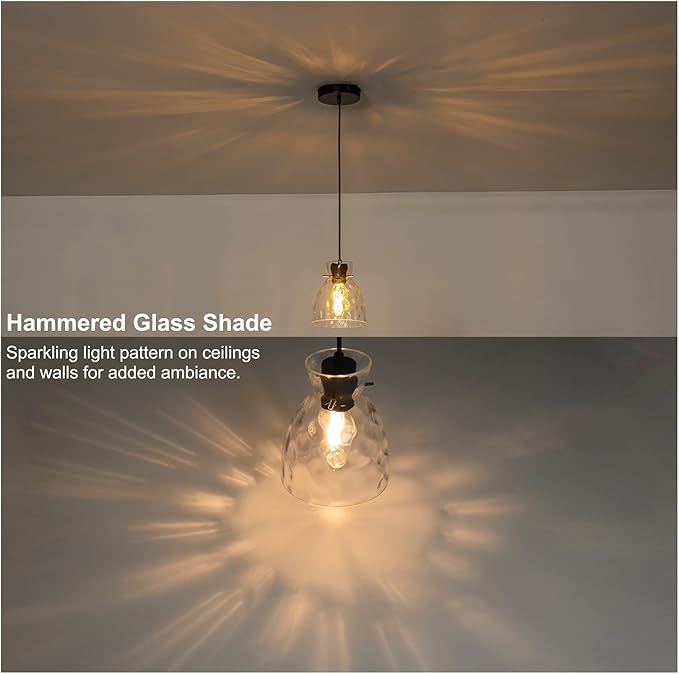 Hammered Glass Black Pendant Lights Kitchen Island 2 Pack, 5.9” Small Farmhouse Pendant Light Fixtures, Adjustable Modern Hanging Lighting Kitchen Pendant Lights over Island Sink Bathroom Dining Room