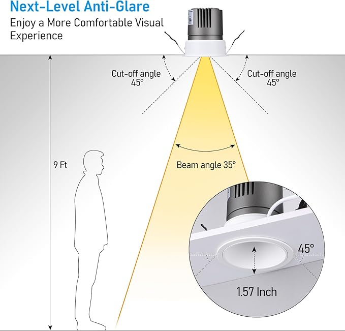 TORCHSTAR 3 Inch 5CCT Anti Glare LED Recessed Lights with J-Box, Deep Recessed Zero Glare Canless Downlight, Ultra-Slim Trim Gimbal Ceiling Light, 2700-5000K, Ultra Narrow Frame, ETL FCC, Pack of 6