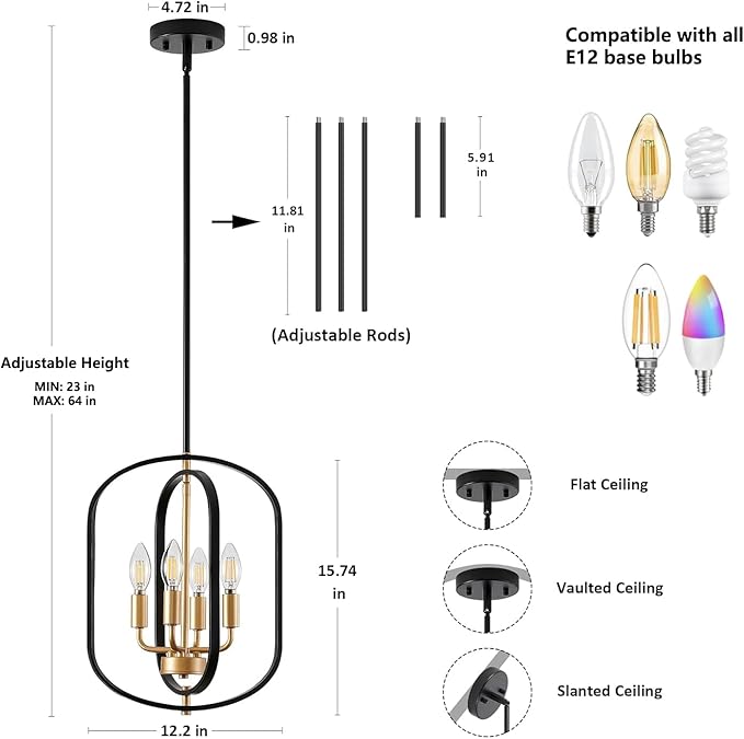 Black and Gold Chandelier Light Fixture for Dining Room, Modern Chandelier for Entryway, Foyer Lighting Fixtures Adjustable Modern Farmhouse Small Chandelier for Living Room Pendant Lights Kitchen