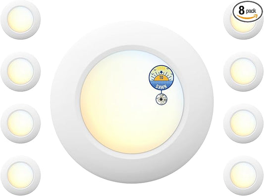 6 Inch LED Low Profile Disk Light with Dusk to Dawn Sensor, 120VAC, 15W, 5CCT Color Changing, 1000LM, Non-Dimmable, ETL, Shower Rated Screw in Photocell Ceiling Light, White/8 Packs