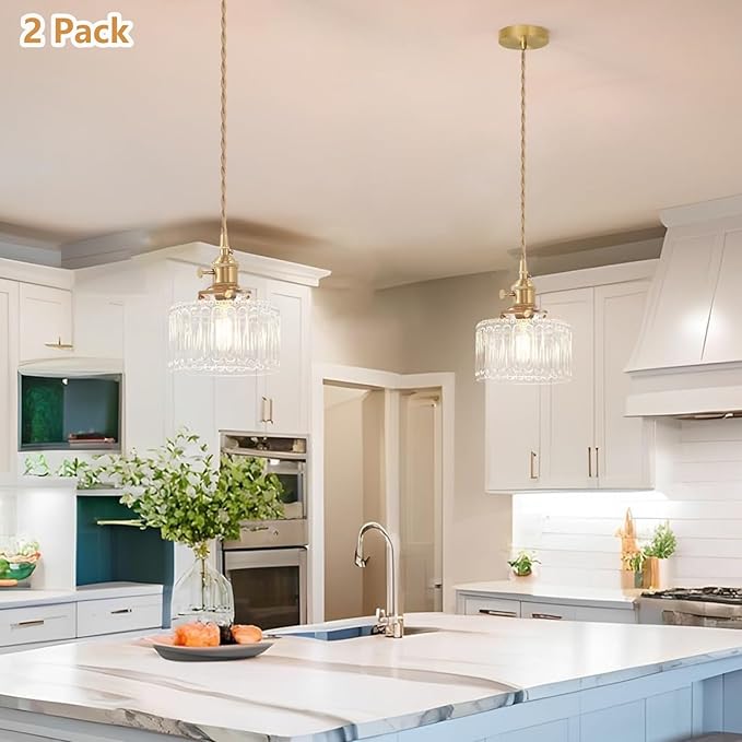 Glass Pendant Light 2 Pack Vintage Brass Hanging Lamp Farmhouse Rustic Industrial Gold Pendant Lighting Fixtures for Kitchen Island Dining Room Hallway