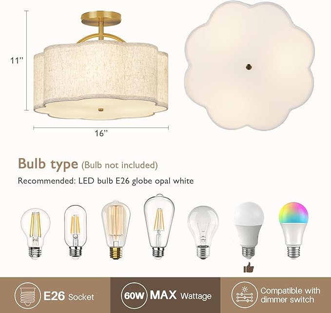 CALOKES Semi Flush Mount Ceiling Light, 16" Modern 3-Light Fixture with Petal-Shaped Beige Linen Shade and Golden Support Arm, Ideal for Bedroom, Kitchen, Living Room, Hallway, and Entryway