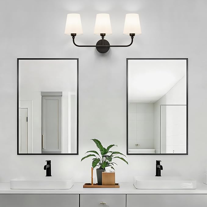 Bathroom Vanity Light, Matte Black Bathroom Light Fixtures, 3-Light Lighting Fixtures Over Mirror, Modern Wall Sconce with Flared White Fabric Shade, E26 Socket(ETL Listed)