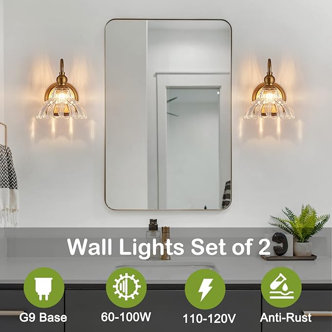 2-Pack Vintage Wall Sconces Brass Bathroom Vanity Lighting Fixtures Beautiful Wall Light Set of Two for Bedroom Bathroom Hallway Living Room