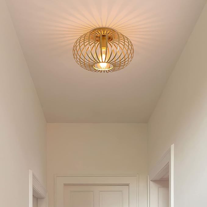 Fivess Lighting Modern Gold Flush Mount Light Fixture Metal Cage Single Semi Flush Mount Ceiling Light for Hallway Bedroom Kitchen Entryway Farmhouse