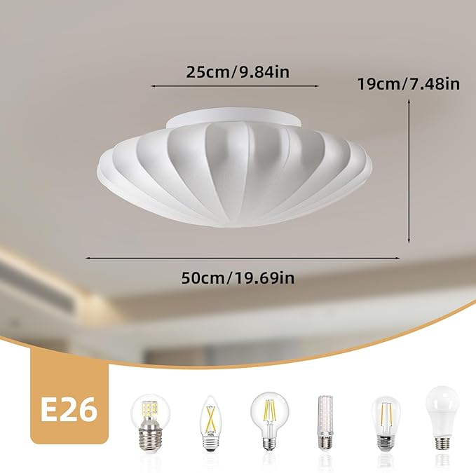 ziidoo 3-Light Semi Flush Mount Ceiling Light,19.7in White Imitation Silk Wabi Sabi Round Lantern 3000K Modern Close to Ceiling Light fixtures for Bedroom Living Room Entryway Hallway