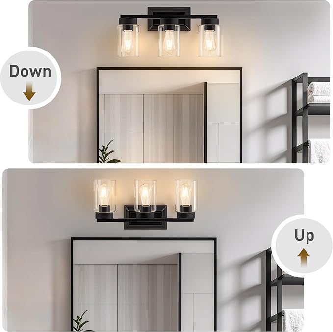 EJIAXIN Bathroom Lights Over Mirror, 3 Light Bathroom Light Fixtures with Clear Glass Shade Modern Matte Black Vanity Lights Lighting for Bathroom, Mirror, Living Room, Bedroom, Hallway