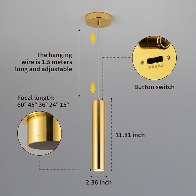 Zoomable LED Pendant Lights Modern Ceiling Hanging Spotlight Pendant Lighting,5CCT/2700K-5000K,Zoomable 15°-60°,Unique Pendant Lighting for Kitchen Island Bar,12W (Gold)