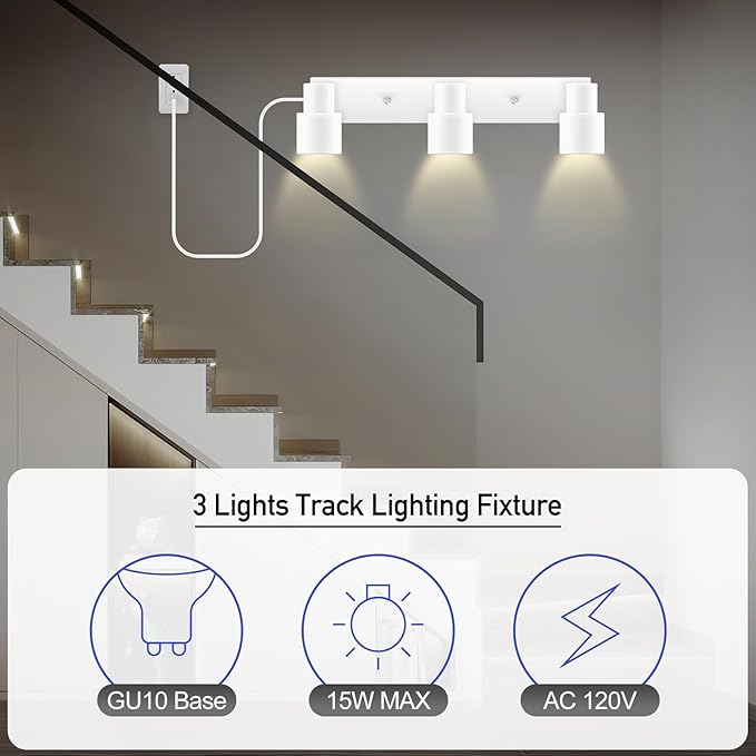 Plug-in Track Lighting LED, Track Light Fixtures Ceiling, White 3-Light Ceiling Lights for Kitchen, 3 Way Spotlight with Cord, Rotatable Wall Mount Light Head for Bedroom Hallway, Bulb Not Included