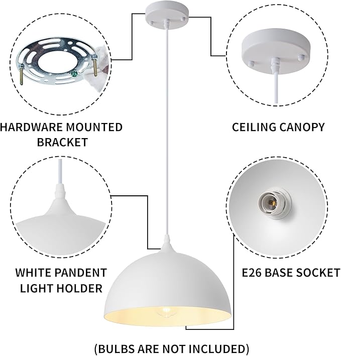 White Farmhouse Pendant Light 11.8inches 2 Packs, Kitchen Pendant Lights, Industrial Pendant Light, Pendant Lights Kitchen Island for Living Room, Bedroom, Dinning Room, Office