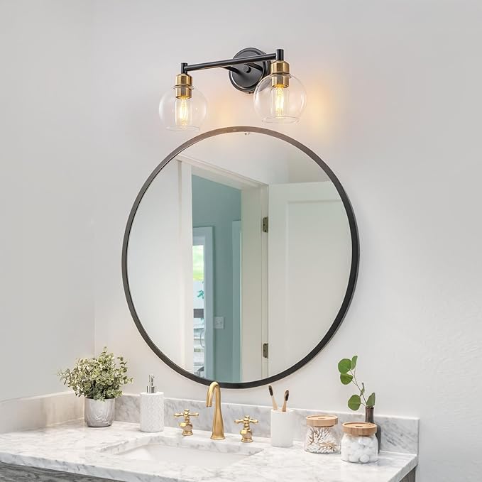 Bathroom Light Fixtures,2-Light Modern Bathroom Vanity Light,Black and Gold Wall Sconce with Clear Glass Globe Shades,Adjustable Brightness Wall Lights for Kitchen,Bedroom,Hallway,Living Room