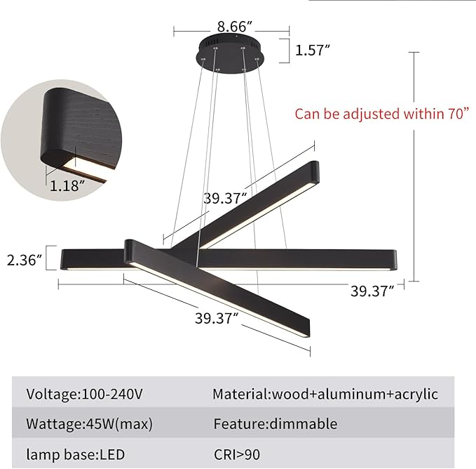YISDESIGN 3-Light Solid Wood Black Linear Pendant Light - Dimmable Modern LED Chandelier for Dining Room Table Kitchen Island Living Room Ceiling - 45W Warm Light Adjustable Hanging Fixture Black