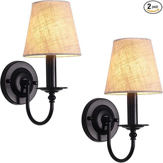 LASENCHOO Black Wall Sconces Set of Two, Modern Candle Sconces Wall Lighting Industrial Wall Light Fixtures with Fabric Lampshade, Bedside Wall Lamps for Bedroom Living Room Hallway Entryway Porch