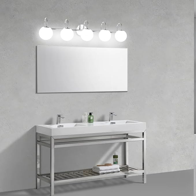 Chrome Mid Century Modern Bathroom Vanity Lights - 5-Light Wall Sconces with Frosted Milk Glass Globes