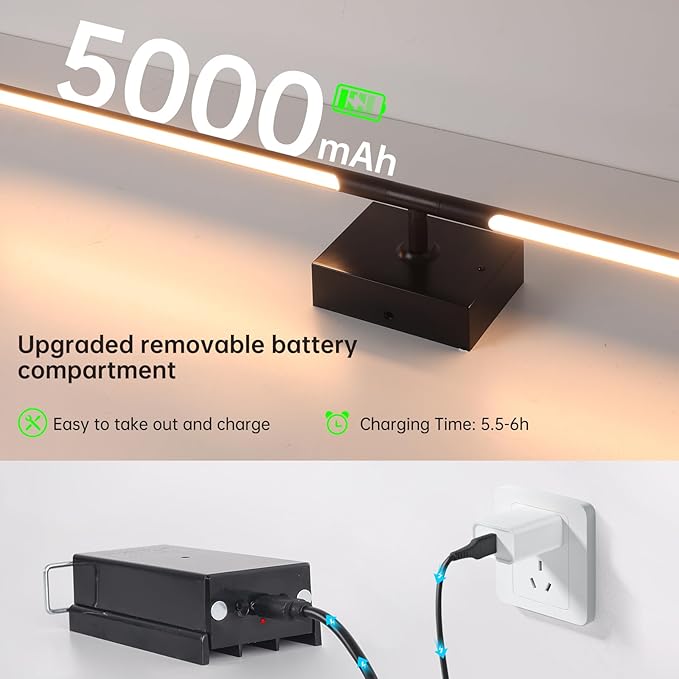 Shenmoyl Battery Operated Wall Sconce Set of 2, 5000mAh Rechargeable Wall Sconces with Detachable Battery, Indoor 350°Rotate Wall Lights for Bedroom Living Room, Black, 31.5 Inch
