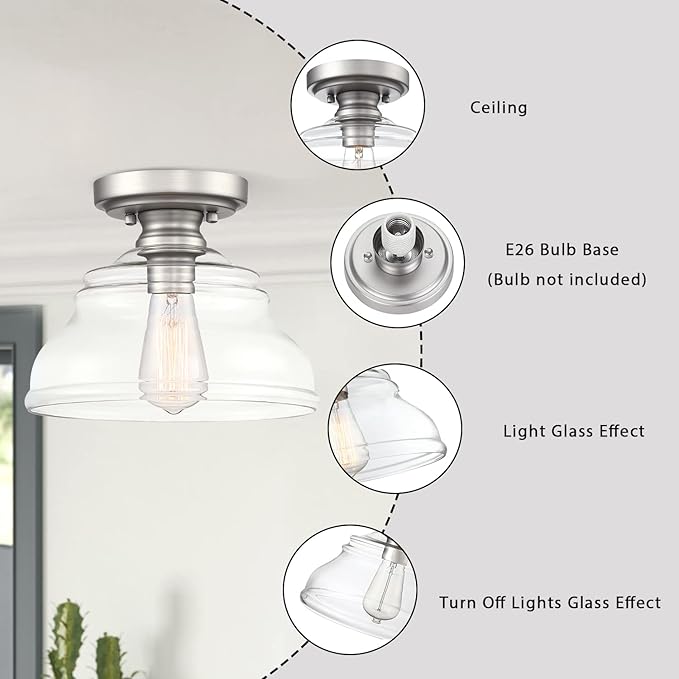 MEXO Industrial Semi Flush Mount Ceiling Light, Modern Clear Glass Shade Ceiling Light Fixture Farmhouse Close to Ceiling Lights in Satin Nickel for Hallway Bedroom, Kitchen Entryway Porch