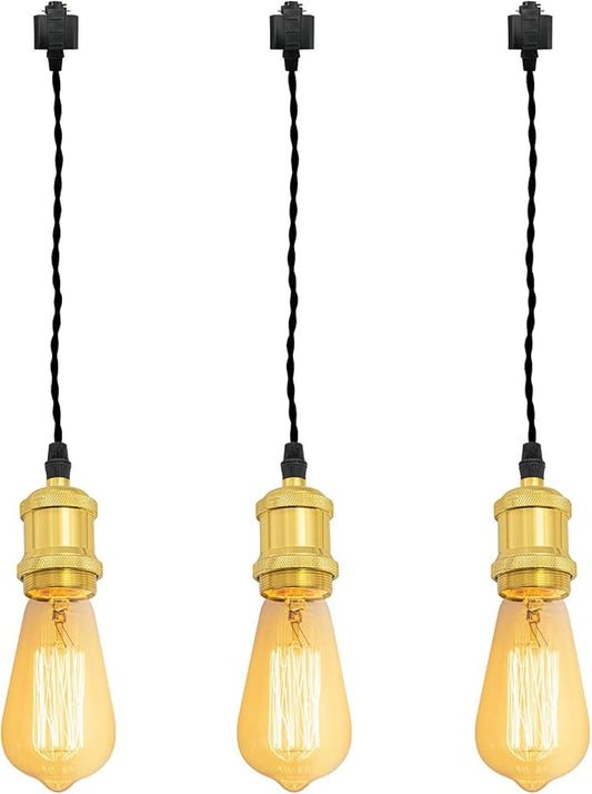 Kiven H-Type Wire Track LightPendants,Cord Length Customization Provided, 3 Lights Restaurant Decorative Pendant Light Industrial Pendant Lamp, Bulb Not Included,Bright Gold Finish