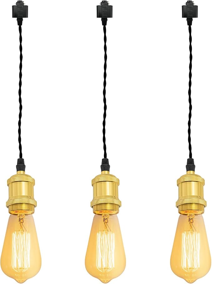 Kiven H-Type Wire Track LightPendants, 15.7 Inch Cord Length Black Weave Rope, Restaurant DecorativePendant Light Industrial Pendant Lamp 3 Pack,Bulb Not Included（Bright Gold）