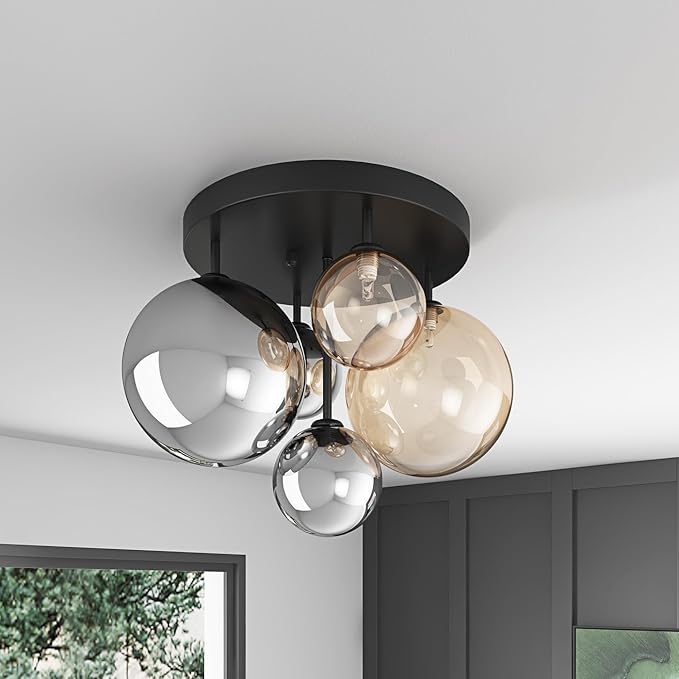 Aiwen 5-Light 17.71 in Black Semi Flush Mount Ceiling Light, Modern Ceiling Chandeliers with Globe Glass Shade, Farmhouse Ceiling Light Fixture, Cluster Chandelier for Bedroom