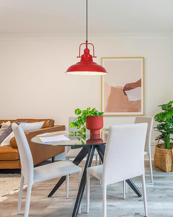 Farmhouse Pendant Lighting for Kitchen Island,Red Pendant Light with Handle, Adjustable Height Industrial Ceiling Light Fixture for Hallway Dining Room Bar,2 Pack