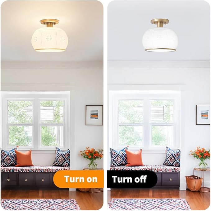 Brushed Brass Semi Flush Mount Ceiling Light with Clear Globe Glass, Modern Hallway Lighting Fixtures, Vintage Ceiling Light for Kitchen, Bedroom, Closet, Entryway, Porch