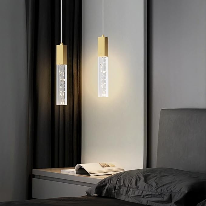 Brass Pendant Lights Kitchen Light Fixture Dimmable Integrated LED Modern Pendant for Kitchen Island Mini Crystal Pendant Light for Bathroom Bedroom 3000K Warm Light(2-Pack)