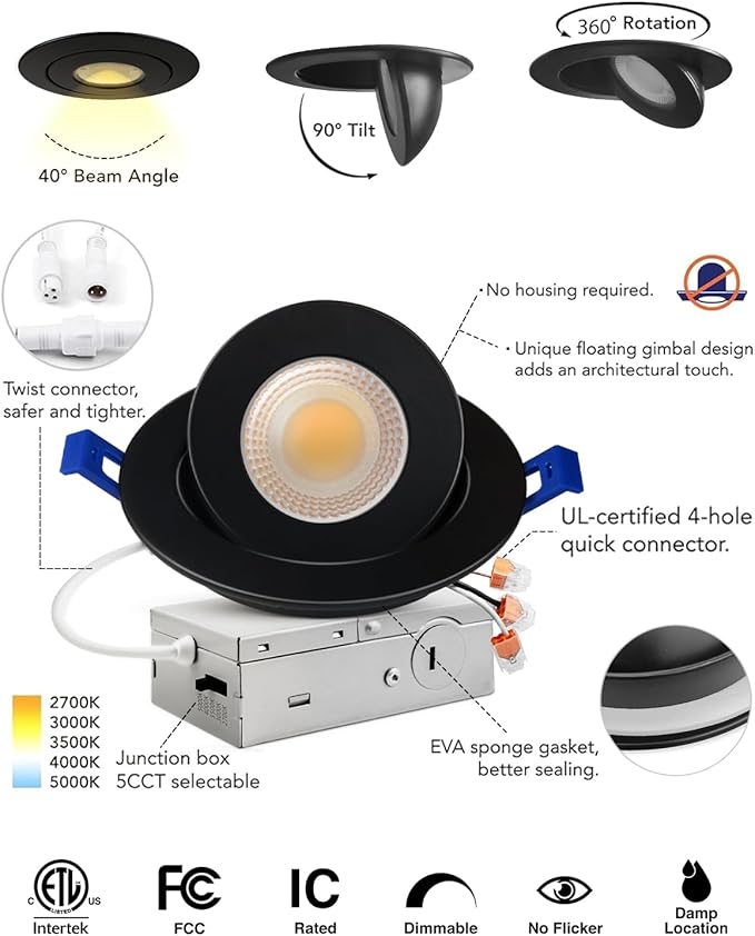 Adetu 4 inch 5CCT Gimbal Black Led Recessed Lights, 360°+90° Adjustable Directional Recessed Lighting, 2700K-5000K Dimmable Retrofit Eyeball Can Lights with Jbox, ETL&Energy Star (Black, 12 Pack)