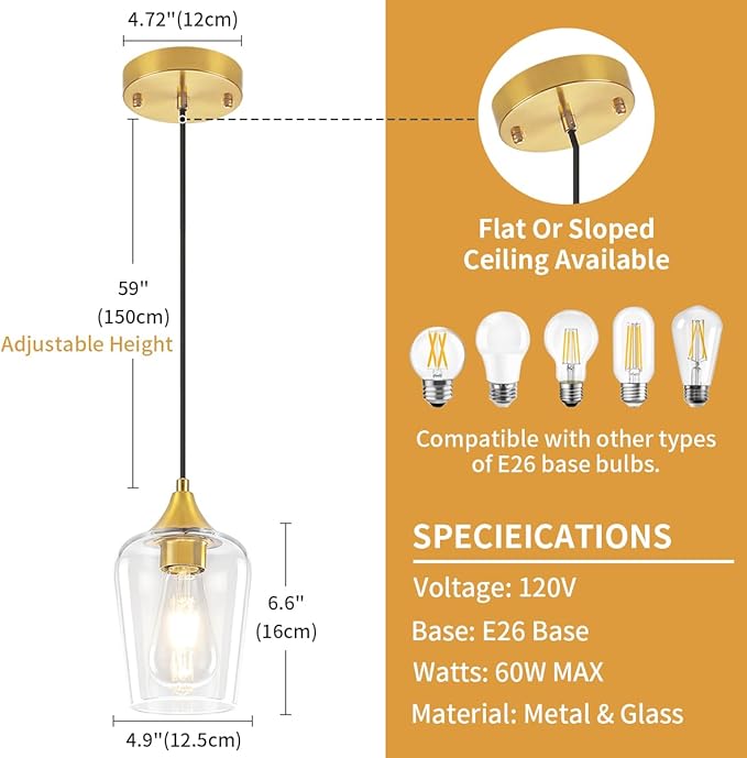 3-Pack Brushed Gold Pendant Lights Kitchen Island, Modern Glass Pendant Lighting Over Island Kitchen Hanging Light Fixtures Hallway Pendant Lights for Bathroom Dining Room Entryway Foyer Bedroom