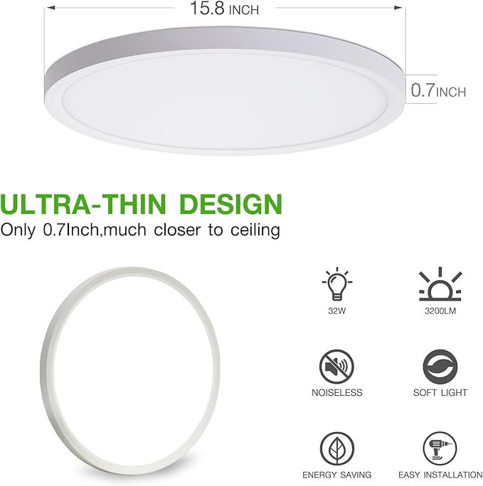2Pack 15.8Inch LED Flush Mount Ceiling Light Fixture,32W 3200LM, Dimmable CCT 3000K/4000K/5000K,Round Flat Panel Light for Bedroom,0.7Inch Thin Modern Low Profile Ceiling Lights for Hallway,Kitchen