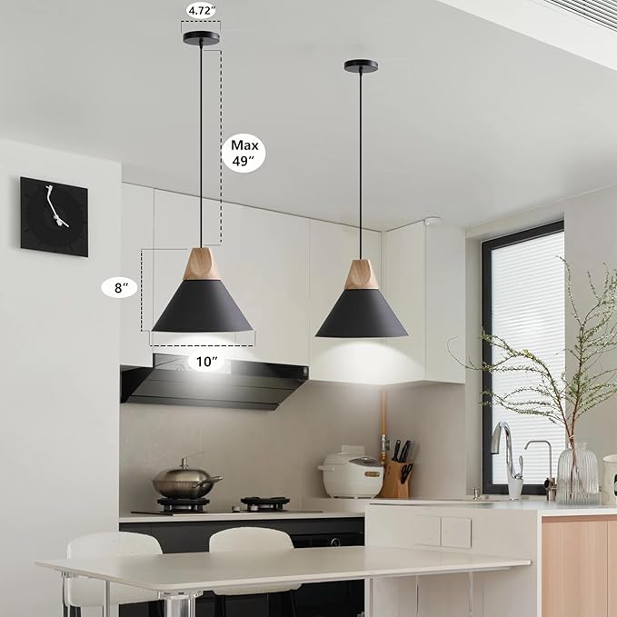 Pendant Light,Solid Wood Ceiling Hanging Lamp,Modern Matte Black Pendant Lighting for Kitchen Island Dining Room Coffee Bar (Black-2 Pack)