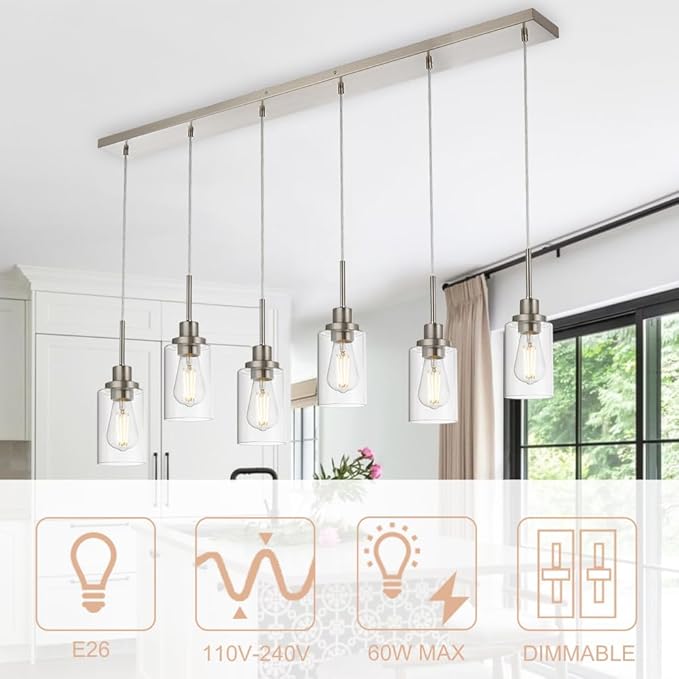 6-Lights Pendant Lighting for Kitchen Island in Brushed Nickel, Ceiling Light Fixtures with Adjustable Hanging Wire & Clear Glass Shades
