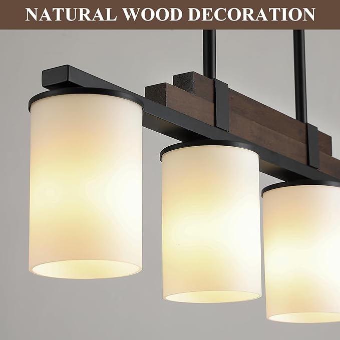 Farmhouse Wood Kitchen Island Lighting, 4-Light Adjustable Chandelier for Dining Room, Milk Glass Shade Dining Room Light Fixture Over Table, Black Hanging Pendant Lights for Kitchen, Pool Table
