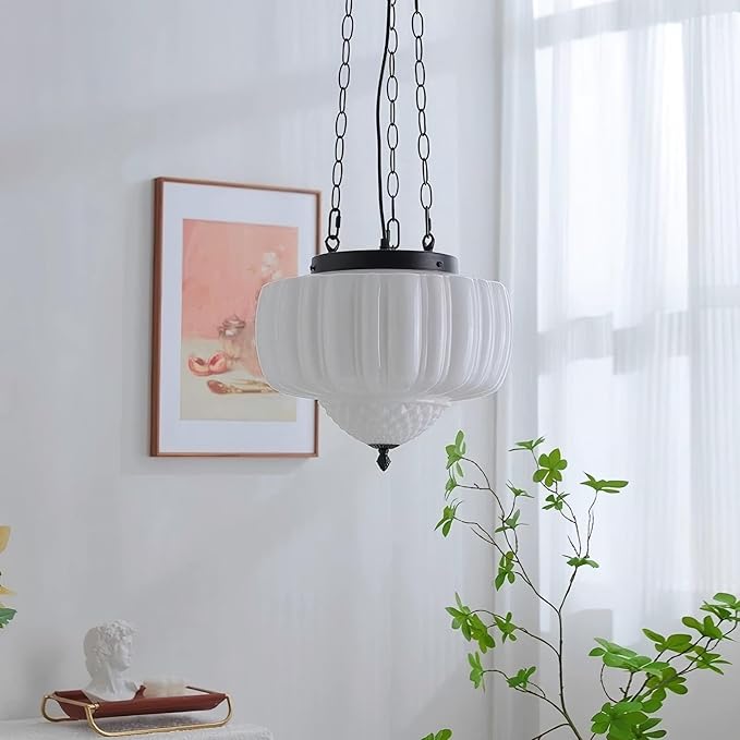 LIGHTLAND Milk Glass Pendant Light, 13 Inch Mid Century Semi Flush Mount Ceiling Light Fixture with 39.4 Inch Adjustable Chain, Vintage Chandelier for Bedroom, Living Room, Dining Room, Hallway