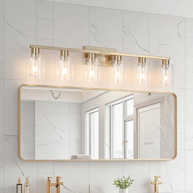 6 Light Bathroom Vanity Light Brushed Gold , Gold Bathroom Light Fixtures for Bathrrom Large Wall Sconce with Clear Glass Shade Rust and Moisture Prevention Easy to Install Vanity Lights over Mirror