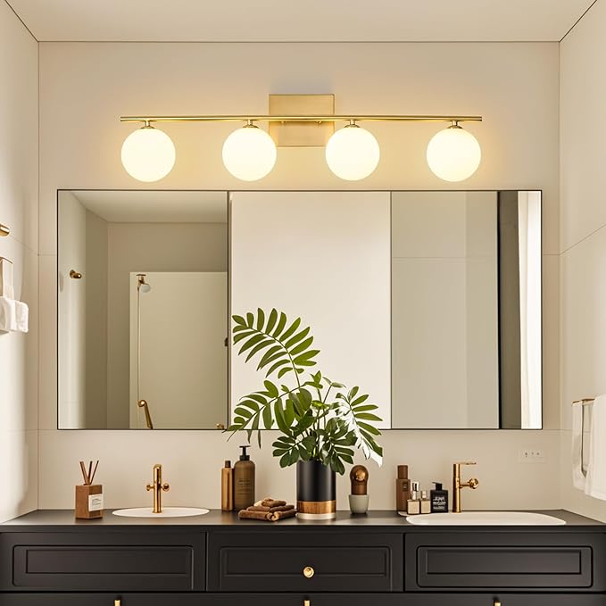 4-Light Bathroom Light Fixtures, 32" Modern Brushed Gold Vanity Lights with Milk Glass Shade, Bathroom Wall Lamp for Mirror Kitchen Living Room Hallway (G9 Bulb)