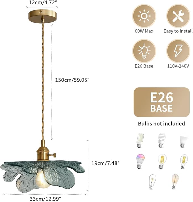 Modern Pendant Light Hand Blown 1-Light Large Glass Pendant Light Brass Pendant Lights Vintage Ceiling Hanging Lighting with Dark Green Glass Shade for Kitchen Island Dining Room Bedroom