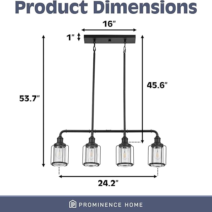 Prominence Home Lincoln Woods 4 Light Matte Black Industrial Kitchen Island, Pendant Light with Cage and Clear Glass - 51547-01