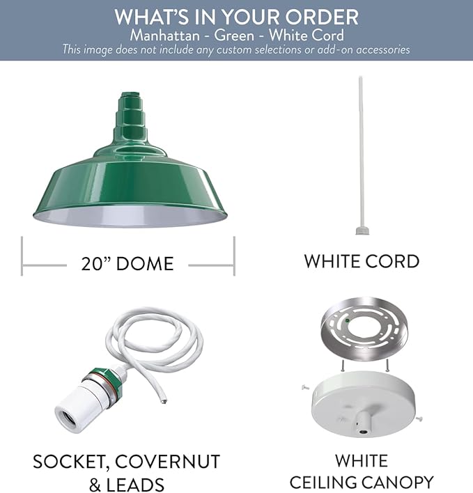 Steel Lighting Co. Manhattan Warehouse Light | Ceiling Mounted Pendant | 20 inch Dome | White Cord | Large Steel Barn Light Made in America | Green Exterior/White Interior