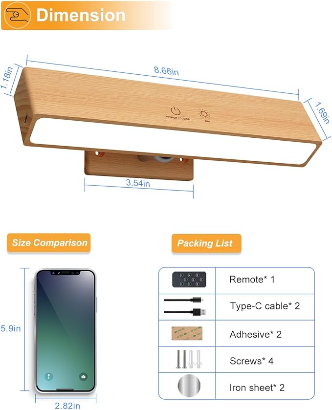 Rechargeable Wood Wall Lights (2 Pack) with Remote & Touch, 5200mAh Battery Operated Wall Sconce with 3 Color Temperatures & RGB. Magnetic, Stick-On, Dimmable Wall Reading Lamp for Bedroom, Picture