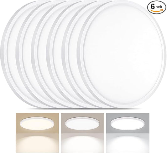 6 Pack LED Flush Mount Ceiling Light, 24W Ultra Thin Round White 3000k/4000k/6500k 3 Color Temperatures Adjusted 12 Inch Modern Ceiling Lights for Bedroom Bathroom Kitchen
