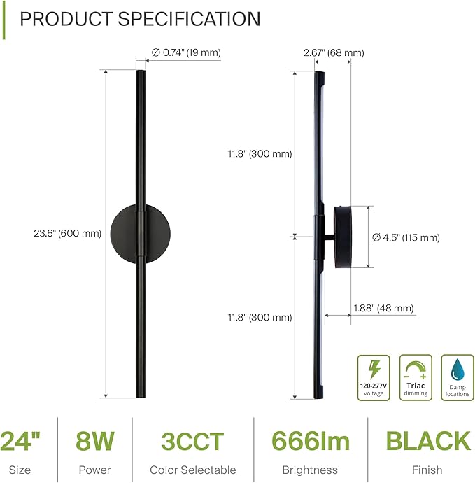 ASD LED 24" Linear Tube Wall Sconce, Modern Bathroom Light Bar | 3CCT, Dual 360° Rotatable, Dimmable, ETL Listed | 8W 666LM 3000-5000K 100-277V | Bedroom, Hallway Vanity Lighting | Black