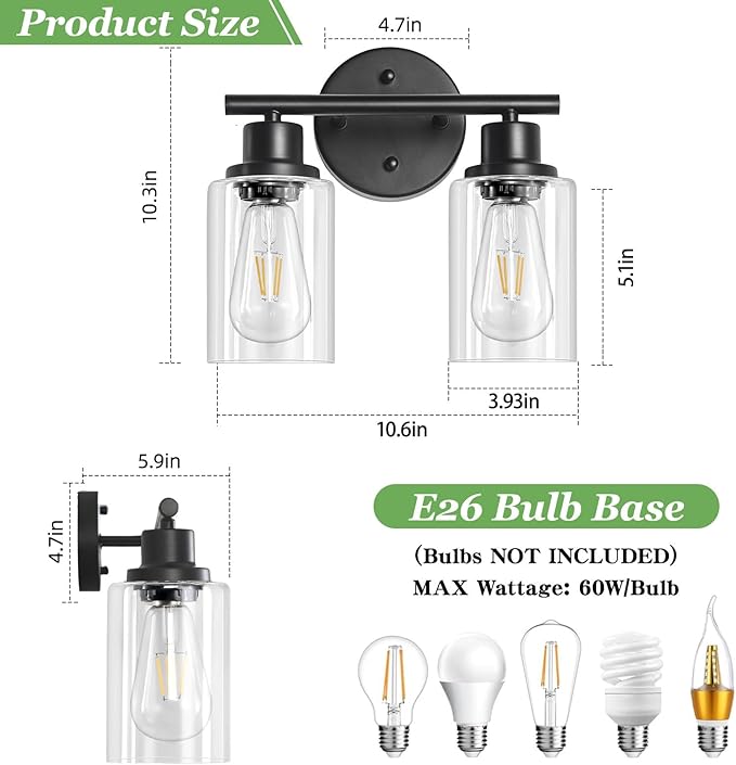 2-Light Black Bathroom Light Fixtures, E26 Modern Vanity Lights for Bathroom with Clear Glass Shade, Wall Lamps for Mirror Kitchen Hallway Cabinet Living Room Sconces Lights