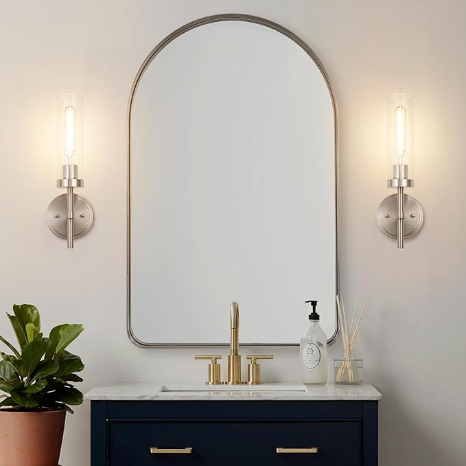SANTOSTOCK Brushed Nickel Hardwired Wall Sconces Set of 2, Modern Bathroom Sconces Vanity Light Fixture, Farmhouse Wall Mount Lamps for Mirror Living Room Bedroom Hallway