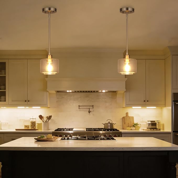 Brushed Nickel Pendant Lights Kitchen Island 2 Pack, Modern Clear Glass Hanging Light Fixtures with Rods, Mini Kitchen Pendant Lighting Over Island for Sink Bathroom, OS-YQ8153-2PBNC