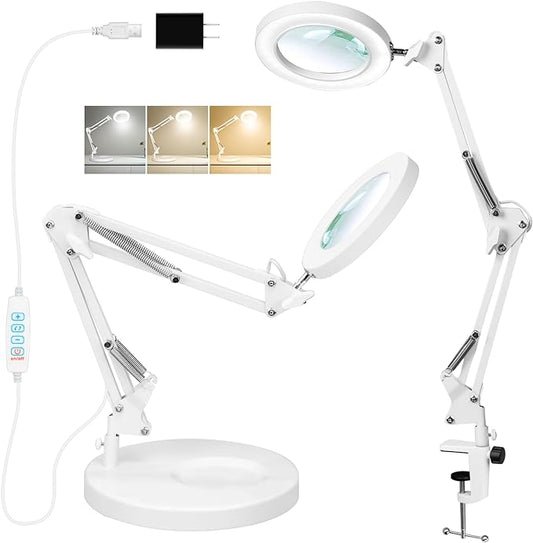 KIRKAS 10X Magnifying Glass with Light and Stand, 2-in-1 Stepless Dimmable LED Magnifying Lamp with Clamp, 3 Color Modes Lighted Magnifier Lens Swivel Arm Light for Reading, Craft, Close Works -White