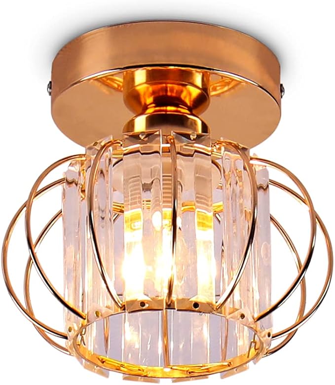 Gold Modern Semi Flush Mount Ceiling Light Fixture Mini Chandeliers Crystal Ceiling Flush Mount Ceiling Lighting Fixture Lampshade for Bedroom Kitchen Hallway Staircase Closet Dining Room E26 Base