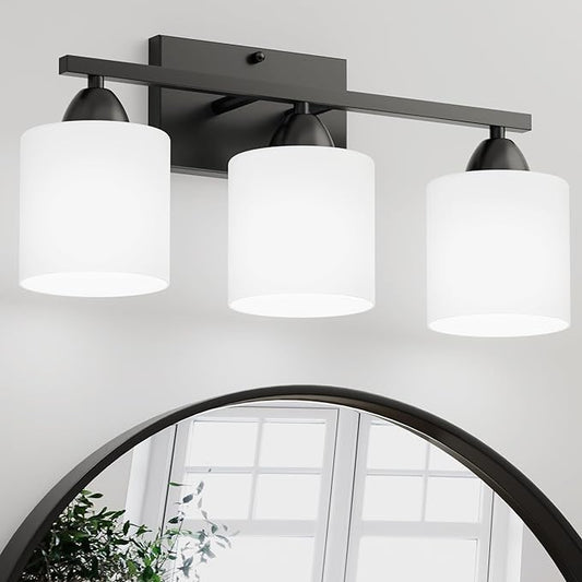 Black Bathroom Lights Over Mirror, Anti-rust Vanity Light Fixture for Bathroom, Modern 3-Light Wall Sconce Light for Living Room, Standard E26 Base, Milky White Glass Shades, Bulbs Not Included