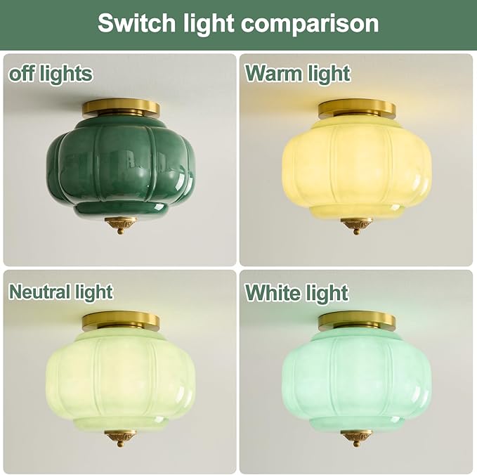 Vintage Ceiling Light Fixture 15 inch Semi Flush Mount Ceiling Light Antique Green Mid Century Milk Glass Ceiling Light for Kitchen Dining Room Hallway and Bedroom E26