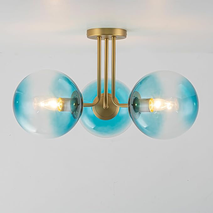 Lingkai Brass Gold Semi Flush Mount Ceiling Light,3-Lights Mid Century Modern Light Fixtures Ceiling Globe Glass Gold Sputnik Chandelier with Gradient Blue Shade for Living Room Bedroom Hallway