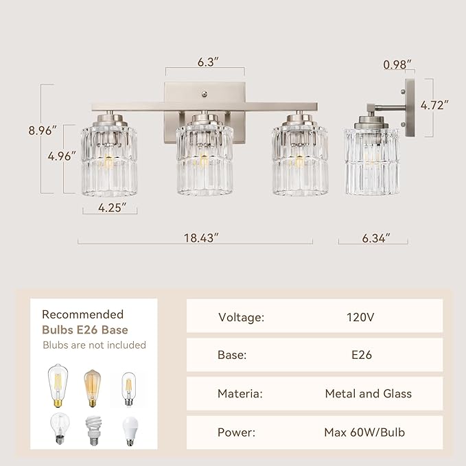 TALOYA 19 Inch Bathroom Light Fixtures,Modern 3-Light Brushed Nickel Vanity Lights with Wide Vertical Ribbed Thickened Glass Shade Wall Sconces for Mirror Makeup Room Hallway（Bulbs Not Included）